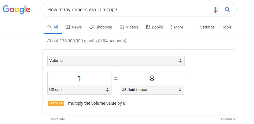 How many ounces are in a cup? Google answer box