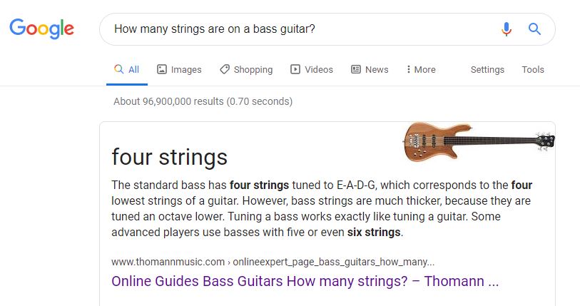 How many strings are on a bass guitar? Google answer box