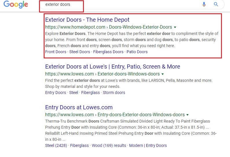 Google search Organic Listing Ranking Number 1 for exterior doors