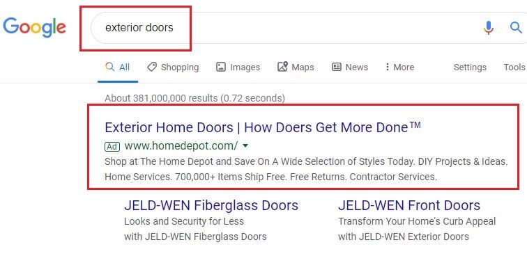Google search Paid Ad Ranking Number 1 for exterior doors